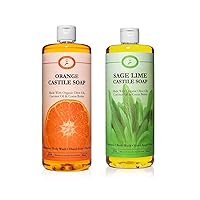 Carolina Orange and Sage Lime Castile Soap Liquid - 32 oz Vegan & Pure Organic Concentrated Non Drying All Natural Formula Body Wash & Shampoo