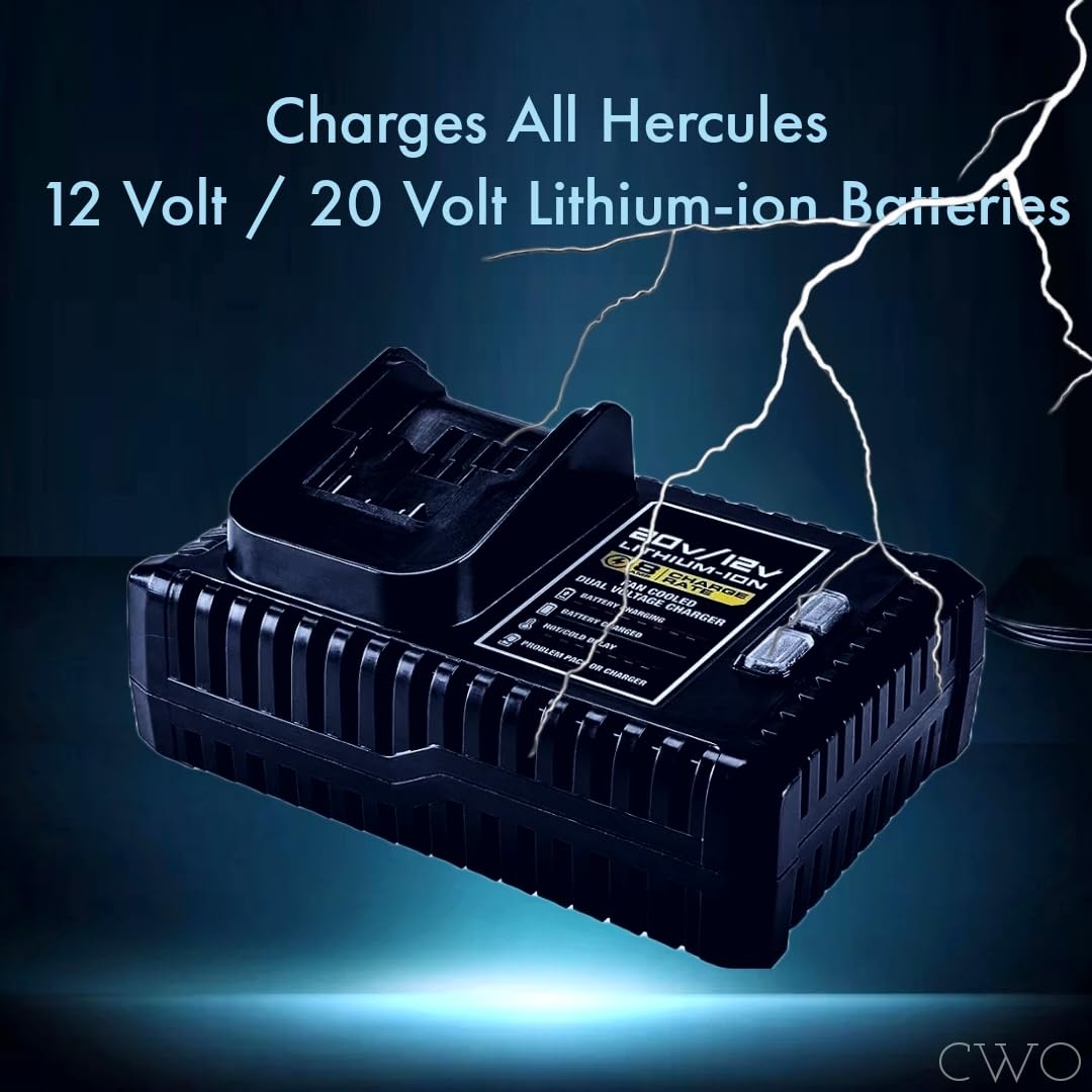 New!! Hercules 20V/12V Dual Voltage, Fan Cooled Lithium-Ion Battery Charger (HC07) - Charges Hercules 20V & 12V Batteries, Fan Cooled to Prevent Overheating, LED Charge Indicator, Can be Wall-Mounted