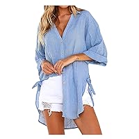 HHmei New Women Long Sleeve Boyfriend Button Down Shirts Asymmetrical Casual Lace Up Oversized Tunic Tops