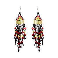 Extra Long Rasta Wooden Bamboo Huayruro Seed Bead Chandelier Fringe Beaded Dangle Earrings - Womens Fashion Handmade Jewelry Boho Accessories