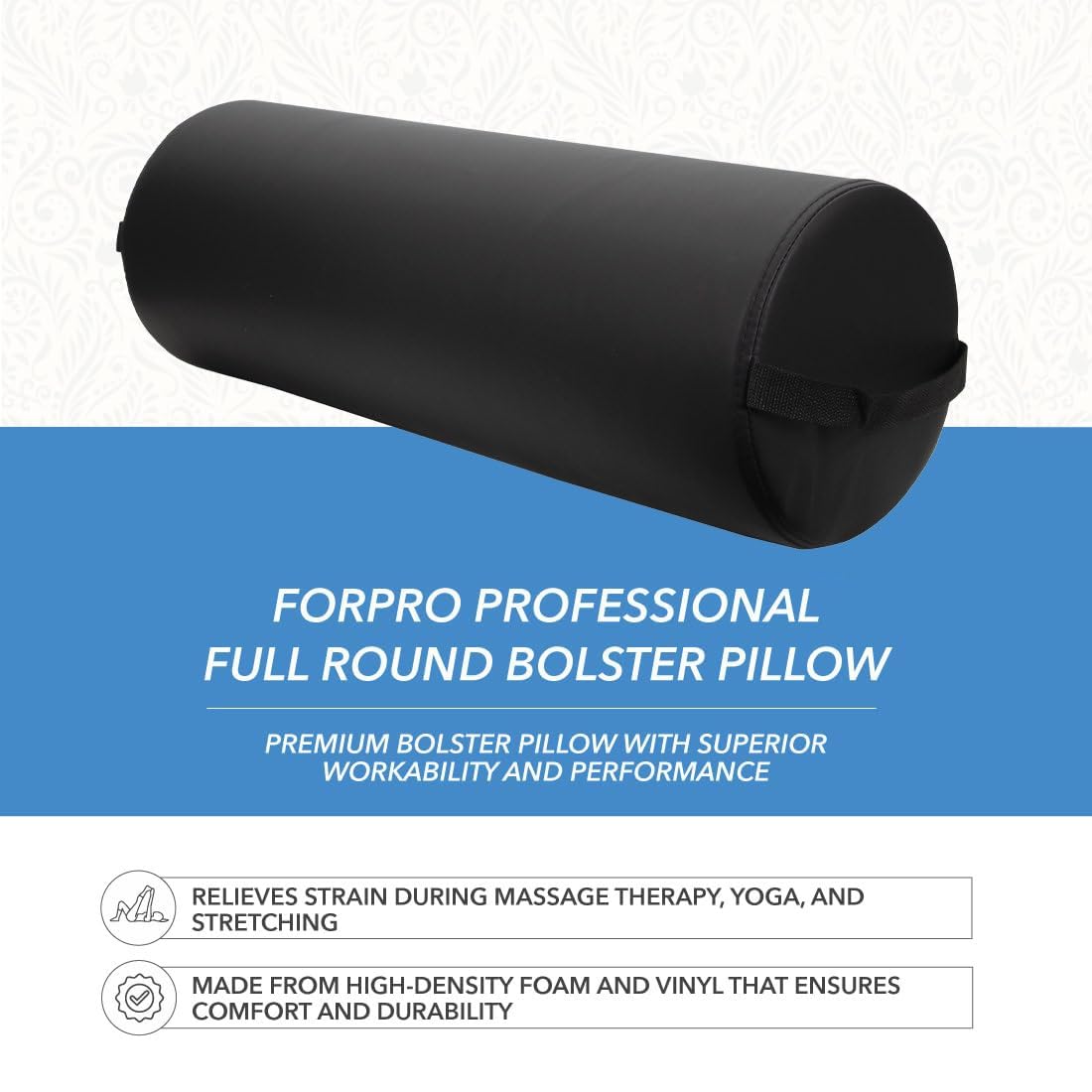 ForPro Jumbo Full Round Bolster Pillow, Black, Oil and Stain-Resistant, for Massage and Yoga, 9” R x 26” L