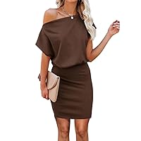 Ezbelle Women's Off The Shoulder Short Sleeve Ribbed Casual Summer HIPS-Wrapped Bodycon Party Mini Dress