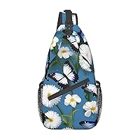 Sling Backpack,Travel Hiking Daypack Blue Butterflies White Flowers Print Rope Crossbody Shoulder Bag