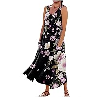 Dresses Casual Summer Beach Dresses for Women 2024 Floral Print Bohemian Casual Loose Fit Flowy with Sleeveless U Neck Linen Dress Black 5X-Large