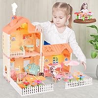 RASSR Dollhouse for 3 Year Old Girls, Doll House with Lights, Steam Chimney and Garden Building Toys, DIY Pretend Dollhouse Kit with Dollhouse Furniture Accessories and Doll, Doll House 4-5 Year Old