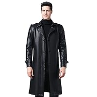 Mens Winter Leather Jacket Long Windproof Trench Coat Mens Business Casual Blazer Overcoat Black Windbreaker Outwear