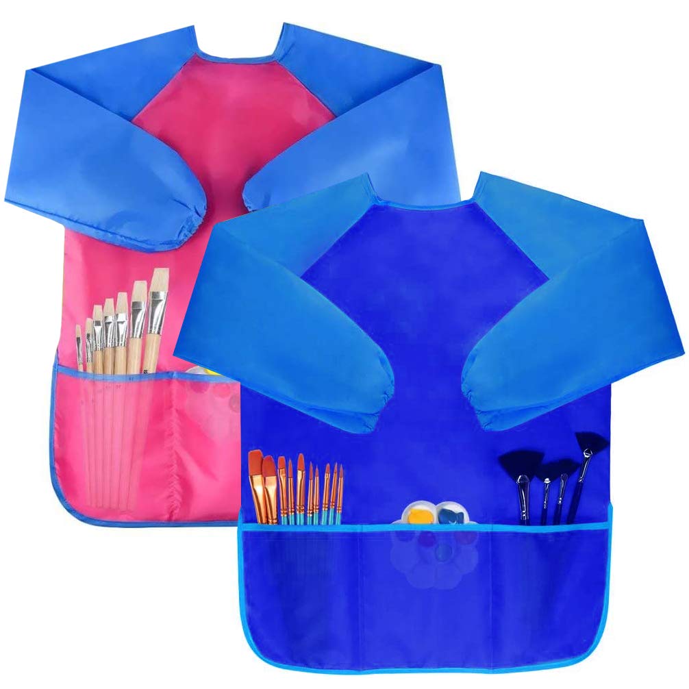Bassion 2 Pack Kids Art Smocks Toddler Smock Waterproof Artist Painting Aprons Long Sleeve with 3 Pockets for Age 2-6 Years Gifts(pink blue)