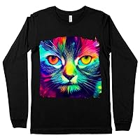 Psychedelic Print Long Sleeve T-Shirt - Cat Face T-Shirt - Animal Art Long Sleeve Tee Shirt - Black, M