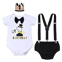 IBTOM CASTLE Baby Boys Half Birthday Cake Smash Outfit Short Sleeve Bowtie Romper+Diaper Cover Bloomers+Suspenders+Headband