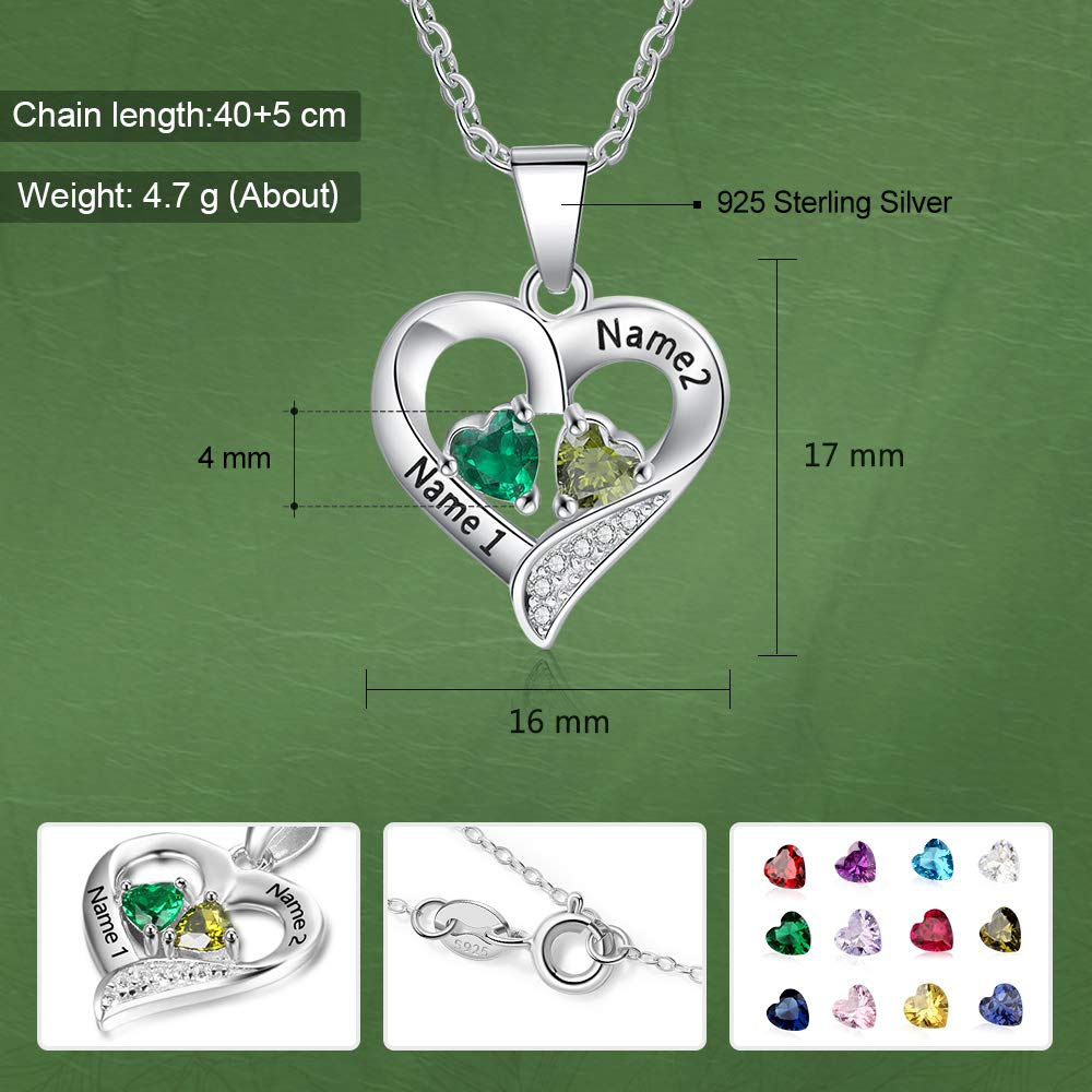 Sterling Silver Personalized 2 Names Necklace with 2 Heart Simulated Birthstone Couple Pendant Necklace for Women