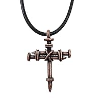 Wire Wrapped Three Nails Antique Copper Cross Pendant Black Cord Necklace