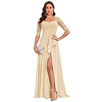 Plus Size Mother of The Bride Dresses Champagne Ruffles Half Sleeves Lace Evening Gown with Slit Size 18W
