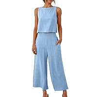 Linen Set for Women Summer 2 Piece Outfits Sleeveless Tank Crop Top Wide Leg Pants Lounge Matching Sets with Pockets