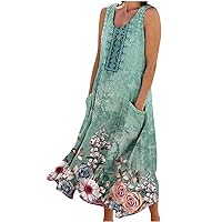 Women Summer Sleeveless Vintage Print Linen Tank Dress with Pockets Boho Beach Flowy Party Dresses Casual Sundress
