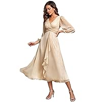 Ever-Pretty Women's Elegant A Line Ruched V Neck Long Sleeves Tea-Length Wedding Guest Dresses 01977
