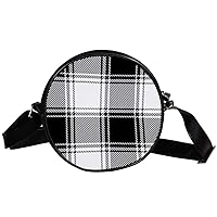Plaid Pattern In Black And White Circle Shoulder Bags Cell Phone Pouch Crossbody Purse Round Wallet Clutch Bag For Women With Adjustable Strap