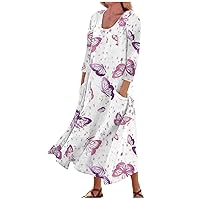 Maxi Dress for Women Beautiful Slacking Elegant Loose Fitting 3/4 Sleeve Linen Comfortable Womens Skirts with Pockets