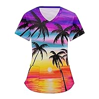 Scrubs Tops with Designs V-Neck Short Sleeve Workwear with Pockets Printed Scrubs for Women, S-5XL
