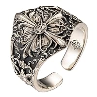 Retro 925 Sterling Silver Fleur de lis Cross Ring Baroque Floral Ring for Men Women Open Adjustable Size S/M/L