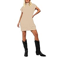 Pink Queen Women's Turtleneck Oversized Sweater Dress Short Cap Sleeve Pullover Sweaters Ribbed Knit Dresses