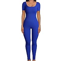 PRETTYGARDEN Women's Sexy Bodycon Jumpsuits Short Sleeve Square Neck Ribbed Knit One Piece Outfit Summer Rompers