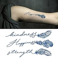 Semi Permanent 2 Weeks Long Last Waterproof Small Cute Temporary Tattoos, 100% Plant-Based Ink Infinity Realistic 2 Sheets Words Quotes Kindness Happiness Feather