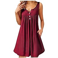 Casual Dresses, Summer 2024 Straps Sleeveless Solid Color Boho Flowy Loose A-Line Midi Dress Womens Beach Plus Size Outfits Sundresses for Women Short Party Dresses Outfit (5XL, Wine)