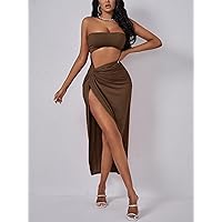 Women's Casual Ladies Comfort Dresses Cutout Twist Front Split Thigh Dress Leisure Perfect Comfortable Eye-catching (Color : Coffee Brown, Size : Small)