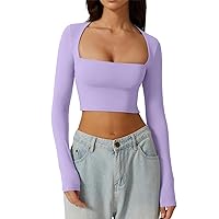 Women Square Neck Long Sleeve Crop Tops Sexy Skinny Slim Fit Going Out Tops Solid Basic y2k Cropped T Shirts