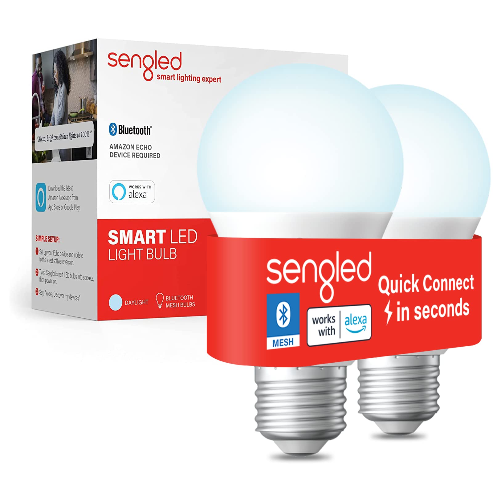 Sengled Alexa Light Bulb, S1 Auto Pairing with Alexa Devices, Smart Light Bulbs that Work with Alexa, Bluetooth Mesh Smart Home Lighting, Daylight 5000K, E26 60W Equivalent, 800LM, 2-Pack