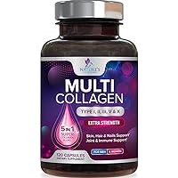 Multi Collagen Complex - Type I, II, III, V, X, Grass Fed & Non-GMO Hydrolyzed Protein Peptides Collagen Pills Supplement - Supports Hair, Nail, Skin & Joint Health, Gluten-Free - 120 Capsules
