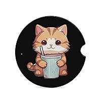 Cat Tea Bubble Tea Round Wooden Coasters Cute Absorbent Drink Cup Holder Beverage Coasters Decorative