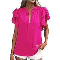 Womens Ruffled Cap Sleeve Tunics Blouses V Neck Summer T Shirts Dressy Casual Tops 2024 Business Work Blouse