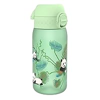Ion8 Kids Water Bottle, 350 ml/12 oz, Leak Proof, Easy to Open, Secure Lock, Dishwasher Safe, BPA Free, Carry Handle, Hygienic Flip Cover, Easy Clean, Odor Free, Carbon Neutral, Green, Pandas Design