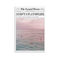 Beachy Surfing Newspaper Poster Summer Beach Canvas Wall Art Coastal Cowgirl Surf Pictures Blue Pink Preppy Room Decor Aesthetic Canvas Painting Wall Art Poster for Bedroom Living Room Decor 12x18inch