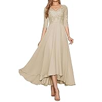 Women Lace Applique Chiffon Mother of The Bride Dress for Wedding 3/4 Sleeves Tea Length Formal Evening Gowns