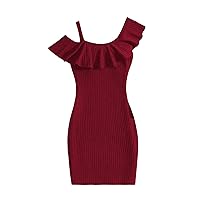 COZYEASE Girls' Ribbed Knit Ruffle Trim Pencil Dress Solid Asymmetrical Neck Fitted Mini Dress