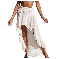 GORGLITTER Women's Asymmetrical Ruffle Hem Beach Cover Up Skirt Solid Flared Long Maxi Skirts