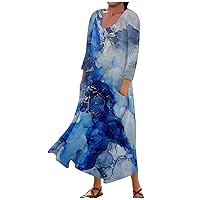 Long Sleeve Flowy Dress for Women Crew-Neck Oversized Printed Cute Pleated Spring Party Dress with Pocket