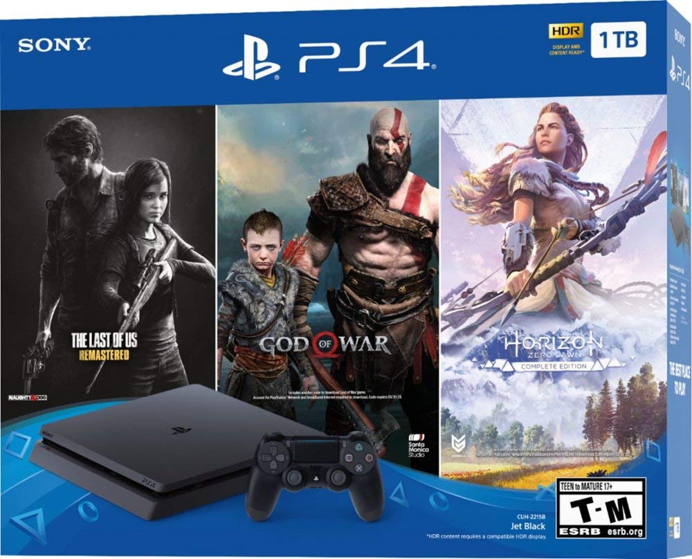 Flagship Newest Play Station 4 1TB HDD Only on Playstation PS4 Console Slim Bundle with Three Games: The Last of Us, God of War, Horizon Zero Dawn 1TB HDD Dualshock 4 Wireless Controller -Jet Black