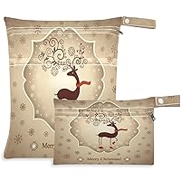 visesunny Vintage Christmas Deer 2Pcs Wet Bag with Zippered Pockets Washable Reusable Roomy Diaper Bag for Travel,Beach,Daycare,Stroller,Diapers,Dirty Gym Clothes,Wet Swimsuits,Toiletries