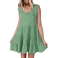 Summer Dresses for Women 2024,Solid Color Casual Sleeveless Crew Neck Dress Loose Fit Business Smocked Ruffled Dresses
