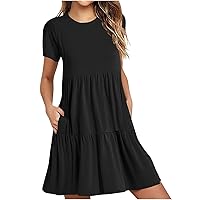 Summer Tiered Mini Dresses Women 2024 Flowy Beach Dresses Casual Short Sleeve Crewneck A-Line Dress with Pockets