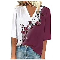 Ladies 3/4 Sleeve Tops and Blouses Women Vneck Floral Blouse Loose Fit Tunic Top Dressy Casual Vintage Graphic Tees