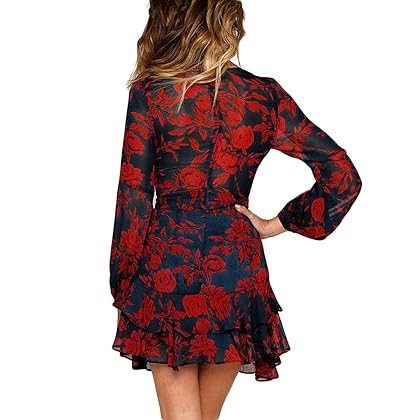 UGUEST Women Long Sleeve V Neck Dress Floral Mini Swing Party Wedding Dress with Belt Charcoal Red S