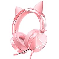 WodnHoakPink Gaming Headset for PC, Xbox One Headset with Detachable Cat Ear Headphones, PS4 Headset with Noise Canceling Microphone, PS5 Headset with 7.1 Surround Sound, LED Lights for Girl