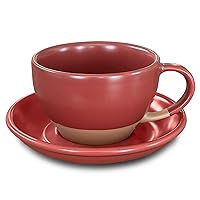 Mora Ceramic Latte Art Mug With Saucer - 10.5 oz, Round Bottom For Perfect Pours - Cafe Cups for Cappuccino, Espresso, Coffee, Tea etc - Porcelain Set for Baristas, Great Gift - Crimson Red
