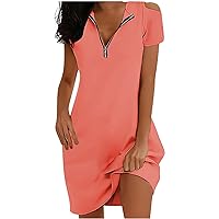 Womens Summer Cold Shoulder Dresses 2024 Plus Size Casual Short Sleeve T Shirt Dress Ladies Sexy Zip V Neck Dress