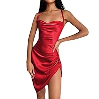 JUMISEE Women Satin Ruched Lace Up Bodycon Mini Dress Sexy Backless Spaghetti Strap Party Dress for Cocktail Clubwear