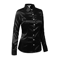Womens Lightweight Long Cuff Sleeve Button Down Office Satin Silk Shirt (S-3XL)